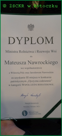  Dyplom MRiRW dla Mateusza Nawrockiego za udział w konkursie „Ojczyzna codziennie”